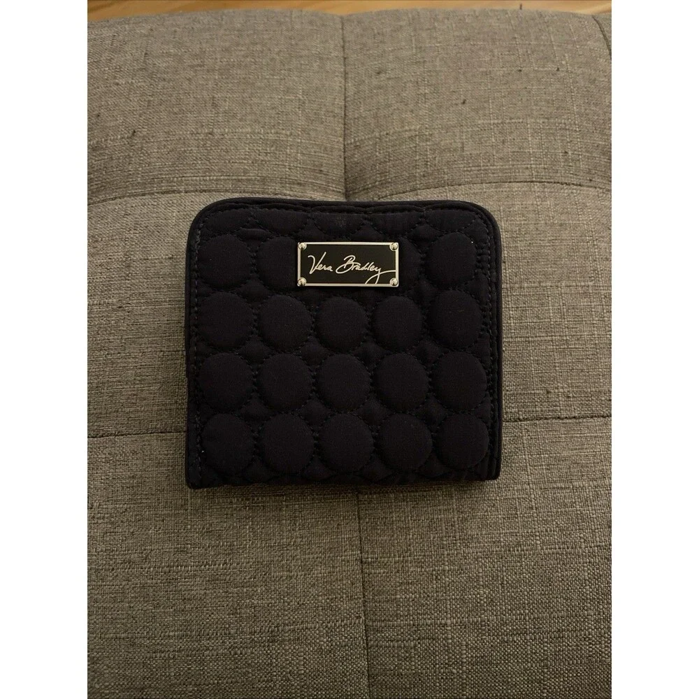 Vera Bradley Quilted Trifold Wallet Black Circle Pattern Zip Pouch Travel Purse